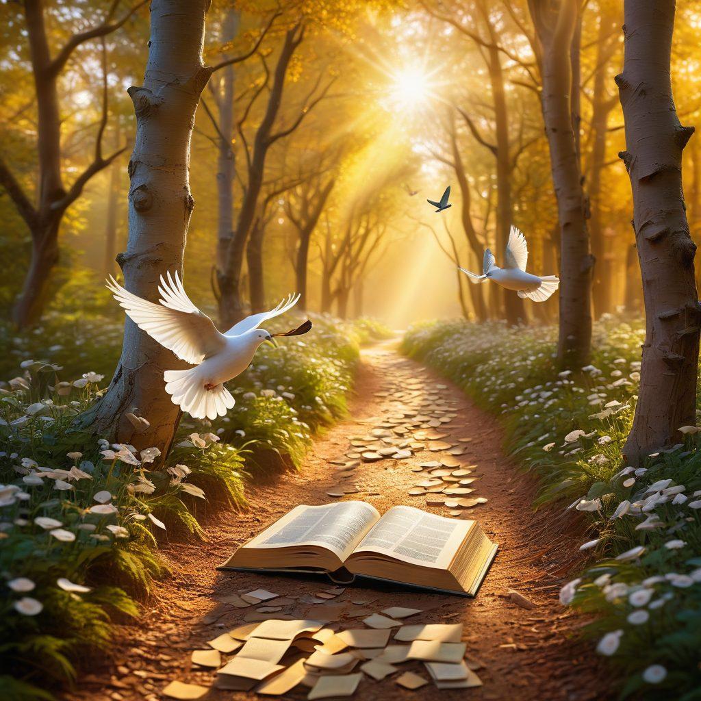 A serene, sunlit path winding through a tranquil forest with golden light filtering through the trees, symbolizing a spiritual journey. Along the path, ethereal floating books and scrolls represent inspirational stories and faith-based resources. Gentle doves flying overhead embody peace and spiritual guidance. painting. vibrant colors.