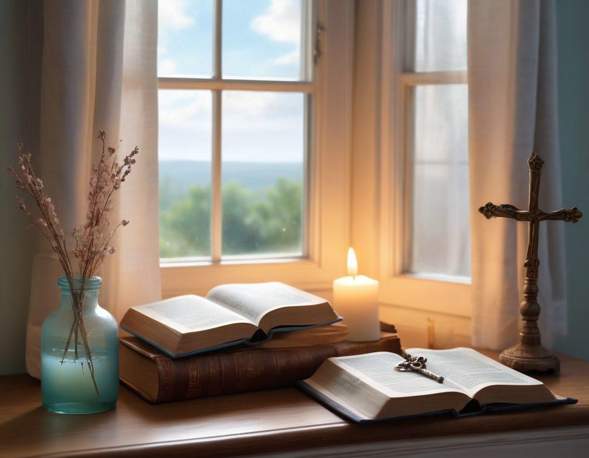 A serene, peaceful room filled with spiritual items like a Bible, prayer beads, candles, and a journal. A sunlight beam shines through an open window, symbolizing hope and enlightenment. The background includes a subtle cross and an open sky-blue window draped with light curtains. painting. soft pastel colors. warm and inviting ambiance.