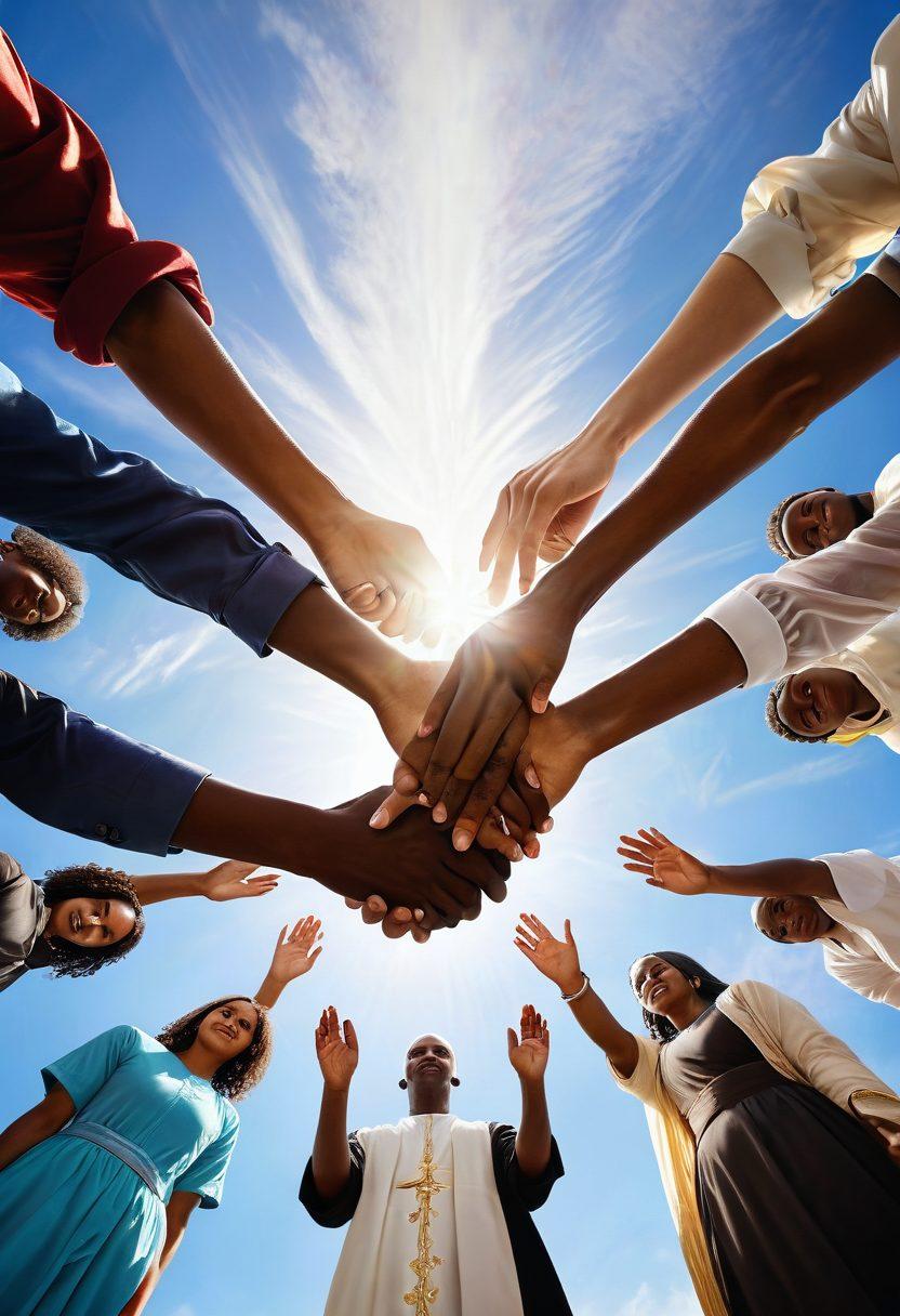 A diverse group of people holding hands in a circle, surrounded by comforting light, symbolizing unity and support. In the background, elements like a church, mosque, and temple can be seen, representing various faiths. The sky overhead is bright with rays of sunlight breaking through clouds, emphasizing hope and connection. super-realistic. vibrant colors. white background.